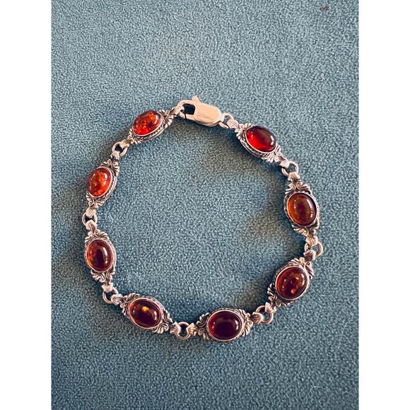 Vintage 925 Sterling Silver Amber Bracelet 7” Oval Cabochons Marked NF - Picture 1 of 10